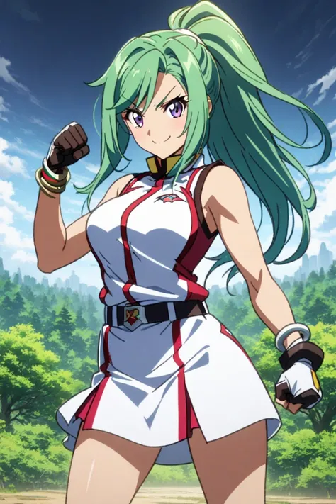  1girl,solo,strong willed , green hair,  you're clenching your right fist  ,  your hair bounces off  ,  sleeveless,  long hair,breasts,handless gloves  ,smile,Winning Spirit, sleeveless,  Shut up your expression,  Pretty Cure,Gundam,Yu-Gi-Oh!!,Crimson Song...