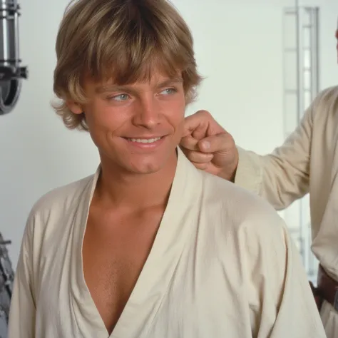 “A smile Luke Skywalker barefoot take off white clothes get naked while winking not wearing underwear,“