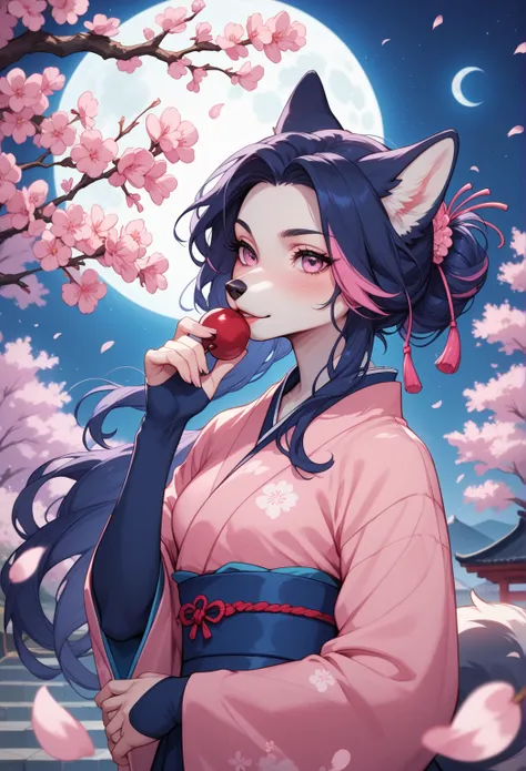 One furry fox husky wolf furry, sexy, navy dark blue black hair, dark blue, black hair, midnight blue hair, navy blue hair with pink and light blue tips, light blue hair tips, purple hair tip, pink hair tips,pink eye, small breast, fully clothed, pink japa...