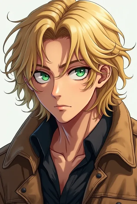  Green-eyed blond man wearing a lumberjack jacket,  anime-style.
With wavy, shoulder-length hair , looking at the serious spectator