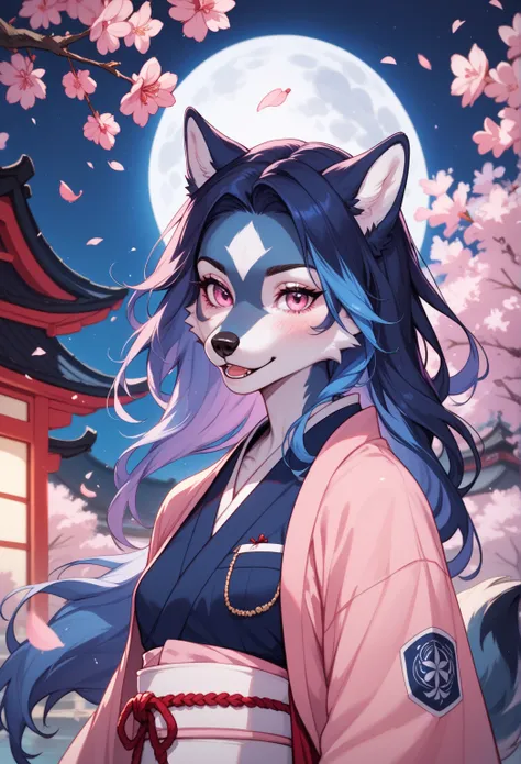 One furry fox husky wolf furry, sexy, navy dark blue black hair, dark blue, black hair, midnight blue hair, navy blue hair with pink and light blue tips, light blue hair tips, purple hair tip, pink hair tips,pink eye, small breast, fully clothed, night tim...