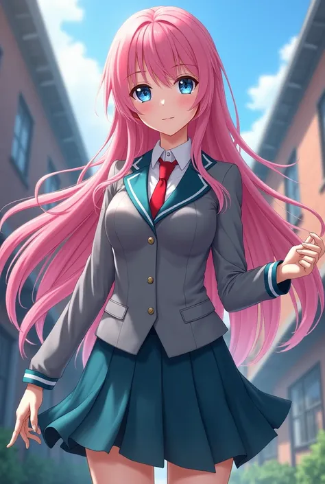 Capture of Boku No Hero Blue Eyes Long Pink Hair Female Gender Uniform Long Sleeve Buttoned White Shirt a Gray Jacket with Blue-Green Stripes and a Red Tie Dark Blue-Green Skirt 