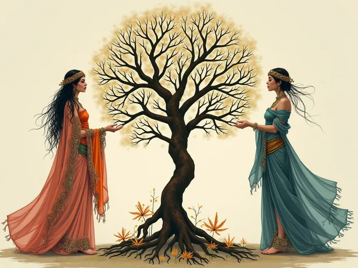 generate a cabalistic tree with two gypsy women holding the same one on both sides, With Chinese ink style