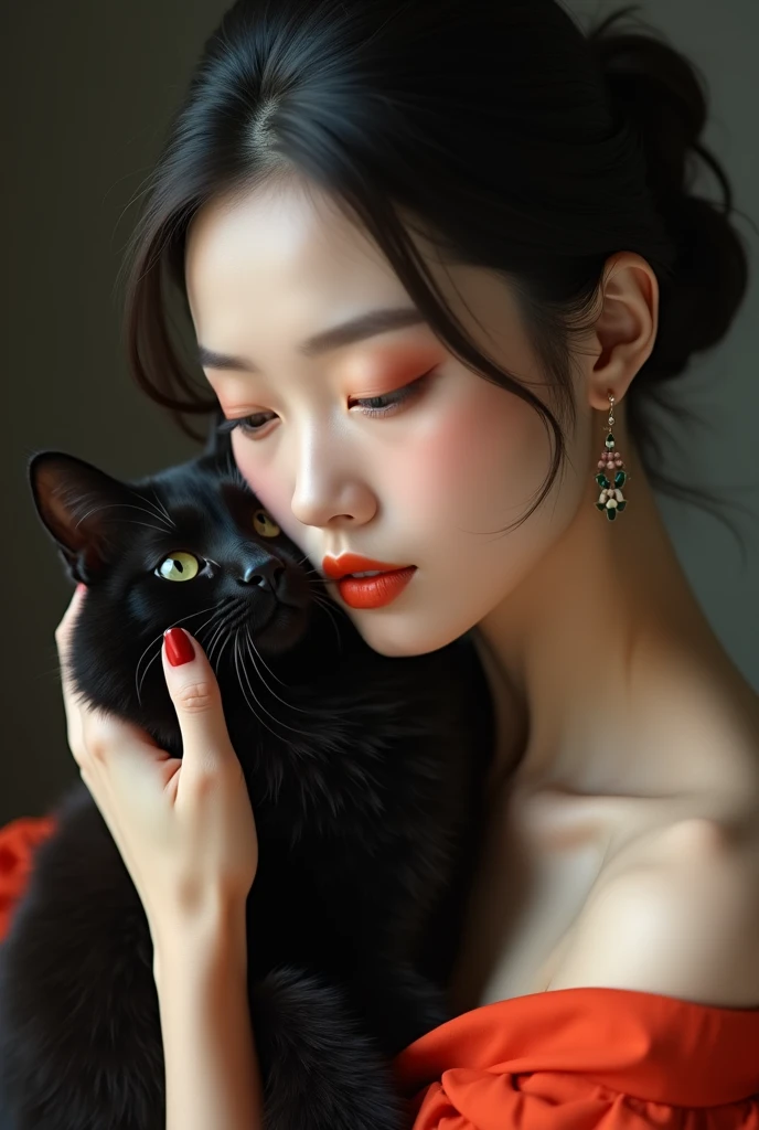  Asian woman ,  fair skin, full lips with orange makeup and a black cat in their hands