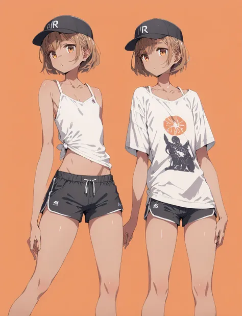 pt、  feminine body line，  flat chest，Femgirl :1.5，  brown skin:1.5，score_9, score_8_ up the side, score_7_ up the side， short hair，men and women,white oversized sleeveless shirt,Thighs, shorts that stand on only your feet, no bra, chest flyer,Black Cap, De...