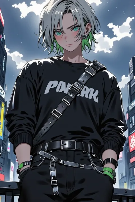 Male, Young Adult, Masculine, Deep Sea Green Eyes, White Medium Length Hair with Green Dyed Tips, Messy Hair, Undertone Hair, Baggy Jeans, Big Belt, Multiple Belts, Slanted Belt, In the style of sifu, Facial Piercing, Perfect Generation, Night City, Cloudy...