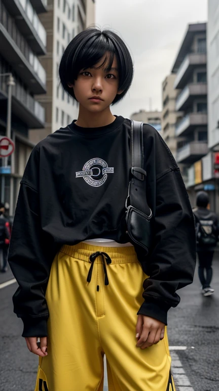   high resolution,   boyish,    in the seat,  black hair,  shortcuts,   Asymmetric Hairstyle ,  Asymmetrical bangs,   yellow eyes, Round and round eyes, Eyes with a triple circle,  Skater Style Street Fashion, slightly oversized bottoms,  standing, futanar...