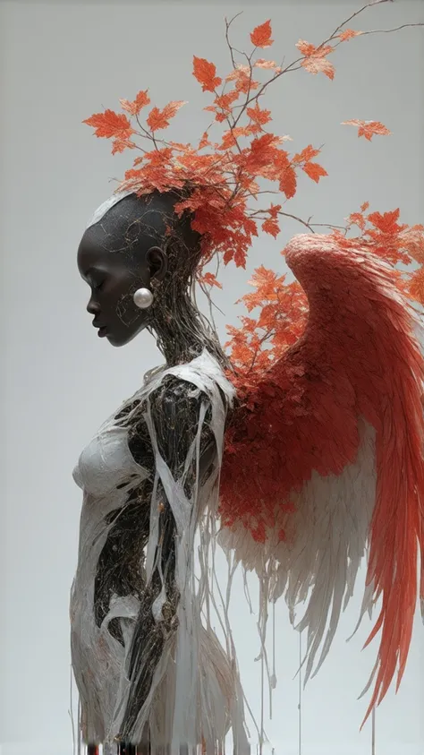 A stunning 3D render of a striking death angel cyborg in a Boris Bidjan Saberi outfit, adorned with a pearl earring and intricate art nouveau fashion details. The scene is bathed in natural soft rim light, showcasing big leaves, stems, roots, and fine foli...