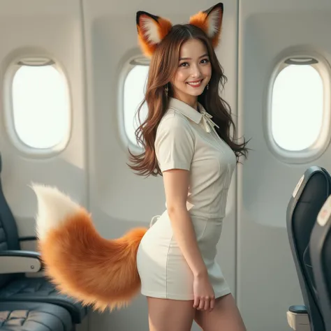 ((  top quality , 8k)), ((Juliet sleeve 1 brown haired girl)), ((  photorealistic)), (Masterpiece),  perfect face , ((Woman with fox ears )), ((That woman has a tail )), foxgirl, (Her tail is big  ), ( That beautiful woman is smiling),  she's a flight atte...