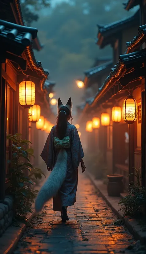 A traditional Japanese village at night, where a Kitsune disguised as a beautiful woman walks through the lantern-lit streets. Her shadow, however, reveals the form of a fox. Ultra Realist