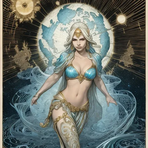 An ultra-realistic, full-body portrait of a captivating celestial cartographer woman, radiating divine knowledge and exploratory zeal with a luminous and adventurous palette. She poses thoughtfully, her form exuding both otherworldly wisdom and a deep pass...