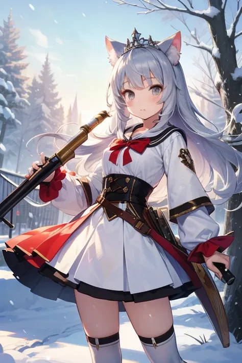  top quality,   Ultra High Resolution,(( cute middle school girl))、I have a musket in my hand、 bushy body hair,Cat ears、 、Long silver hair, grey eyes、snow white、 tiara 、apple、 battle scene