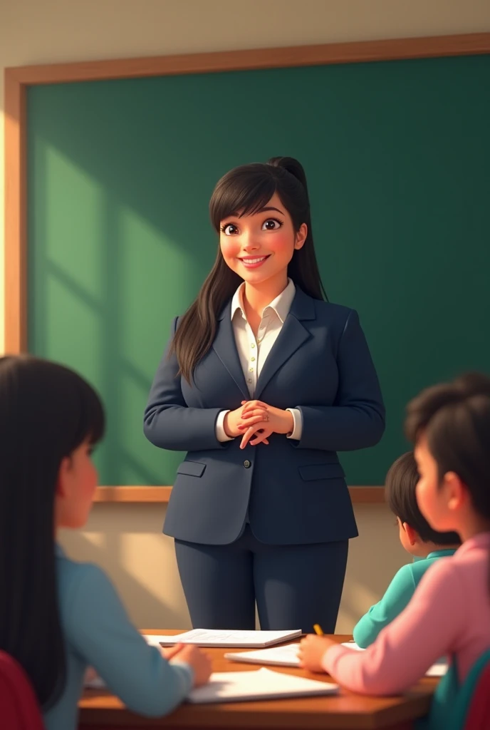 Pixar-type cartoon of a slightly chubby happy teacher with long black hair in a high tail and a fringe on her side surrounded by ren reviewing notebooks on the table near the blackboard she is dressed in a dark blue suit 