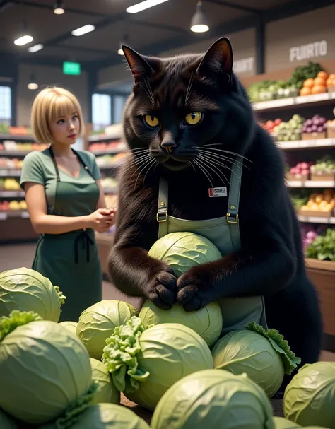 score_9,score_8_up,score_7_up,score_6_up,score_5_up,score_4_up,source_real photo, Ultra-realistic, Photorealistic, Ultra-realistic, photorealistic, dramatic scene, global illumination, A huge black cat wearing a light and dark green apron is in a supermark...