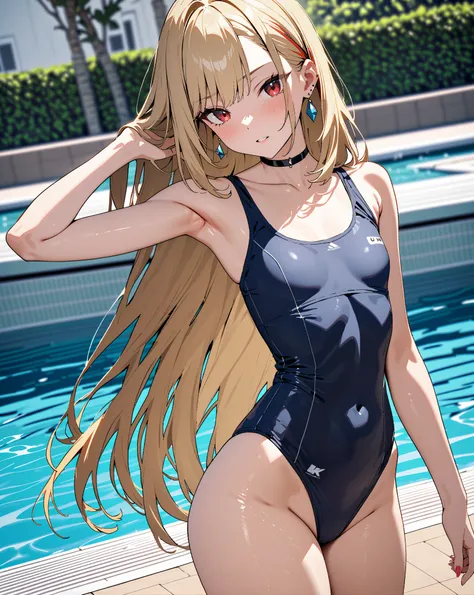  pool,  school swimsuit, Beauty, (Alluring), (Obscene), ( slender body),  flat chest,  tight abs, Kitagawa Marin,  1girl , blonde hair, long hair, multicolored hair, red eyes, jewelry, earrings, piercing, black choker, masterpiece:1.5, masterpiece, highest...