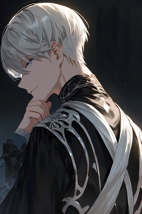 Anime boy with a cute but calm face. He has a long hime cut that reaches the middle of his back. He has charming black and white hair. His eyes are blue like the sea. He puts his hand on his chin as if he is thinking. The background is a black room. 
