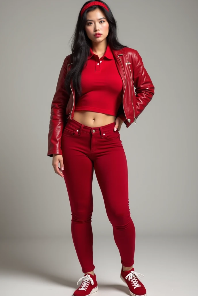 8K HD high quality image. Full Body Photo. Standing in her full height from head to toe. Make a video game character. Beautiful Chinese woman. Abs are cracked. Huge butt. Big thighs. Sexy body. Red tight polo shirt. Red super tight jeans. Red sneakers. Sma...