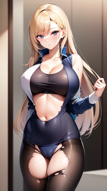  best quality ,  HD , and 18,  1girl ,  artificial number 18 ,  alone ,   Blonde Hair,, open vest, Big Breasts,, ( Broken clothes : 1.5), Erotic, Standing,  expressionless , The Perfect Eye  , ， Delicate Faces ， Perfectly Sexy Face ,  Super detail ,  ultra...