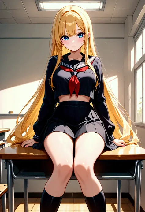 Alone, blonde, very long hair, in a black school uniform, she sits at her school desk, A living girl, 