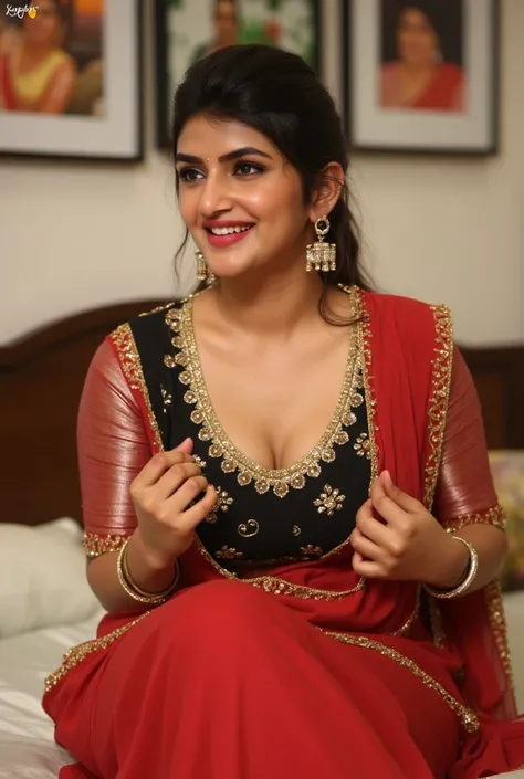 photo of Voluptuous Indian medium plus size hot bhabhi  with dusky skin, wearing transparent Red Saree and black blouse, She is unhooking her blouse showing her U cut Cleavage and deep busty breasts, lifts her saree and shows her legs till thighs,  Hair Ti...