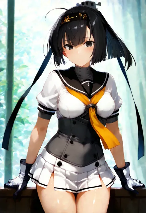 akizuki, kantai collection, black eyes,black hair,ahoge,mini skirt,school uniform, ponytail, short sleeves, pleated skirt, serafuku,white skirt, clothes writing, corset, black sailor collar, yellow neckerchief, hachimaki, black headband, two-tone gloves,gr...