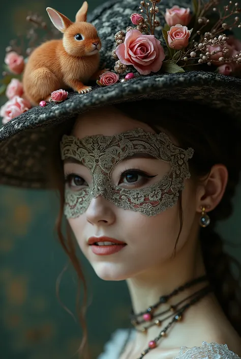 a medium close up of a light blue eyed person wearing a lace filigree needle point mask, intricate complex painted and sewn mask, dreamy gothic girl, elegant render, with an ultra-fluffy reddish brown Mini Satin bunny on the brim of her ultra detailed lace...