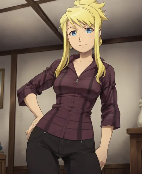 1girl,solo,mm,mature female,blonde hair,blue eyes,ponytail,long hair,earrings,jewelry,anime coloring,
purple flannel shirt, black pants,looking at viewer, light smile,indoors,hand on own hip,
,masterpiece,best quality,amazing quality,