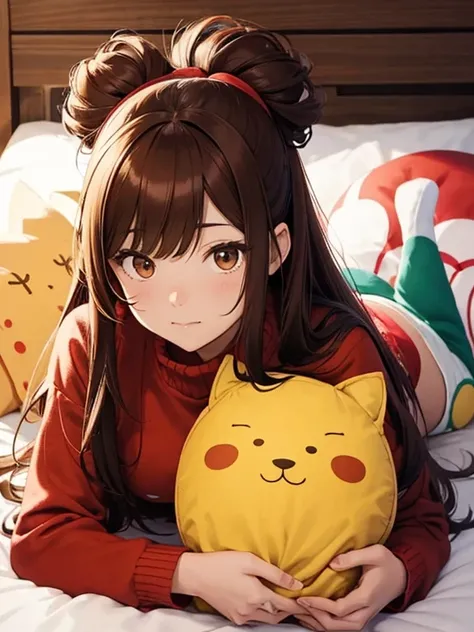 Anime style, Fate style, red girl with one dog ear, medium brown hair, red sweater and socks, girl's room, giant yogibo cushion printed to look like a hot dog, oval with sausage printed vertically, giant yogibo cushion.
Yogi Beau cushion, lying along long ...