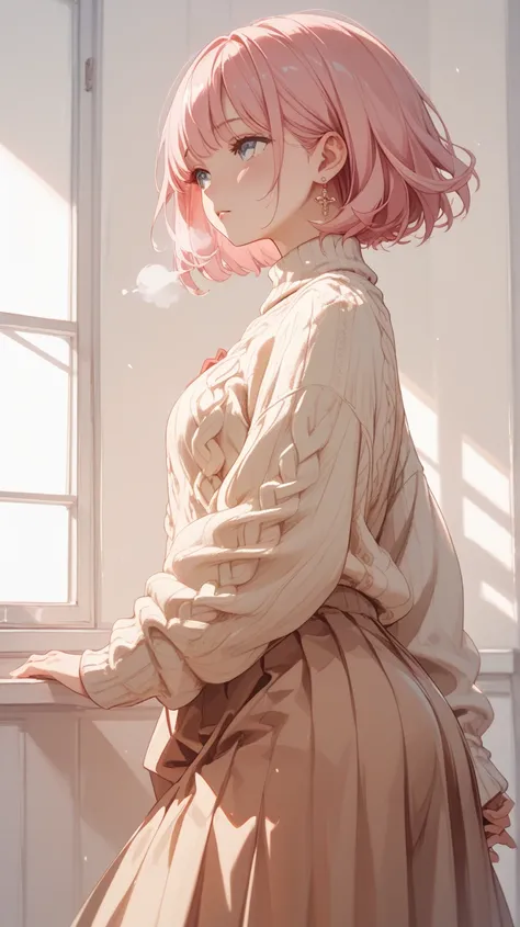  high school girl、 I'm out of breath、Earrings、pale pink short hair、short hair、sweater、medium hip、Butt、long skirt、looking away、 looks embarrassing、from front,backlighting,Handing out panty,white pastel background