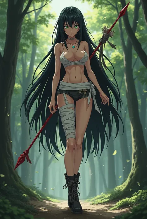  very tall woman looking intimidating and strong ,  with long black hair and green eyes , sexy and big legs covered by bandage ,  with an elegant and fine look ,  in the woods,  wearing loose shorts and boots and wearing bandages that cover her breasts ( a...