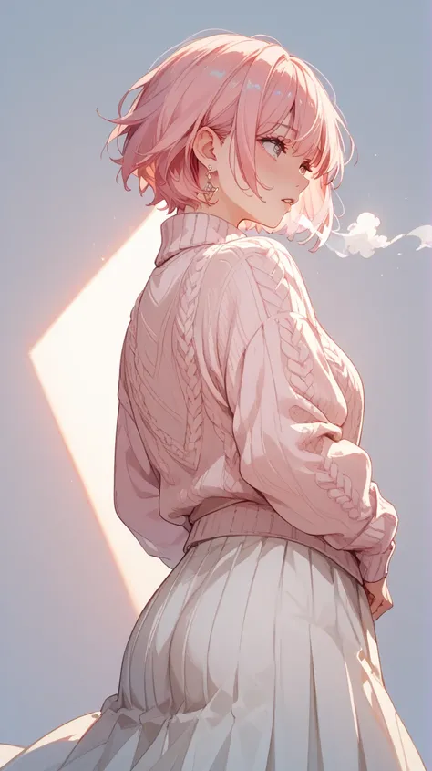  high school girl、 I'm out of breath、Earrings、pale pink short hair、short hair、sweater、medium hip、Butt、long skirt、looking away、 looks embarrassing、from front,backlighting,white pastel background