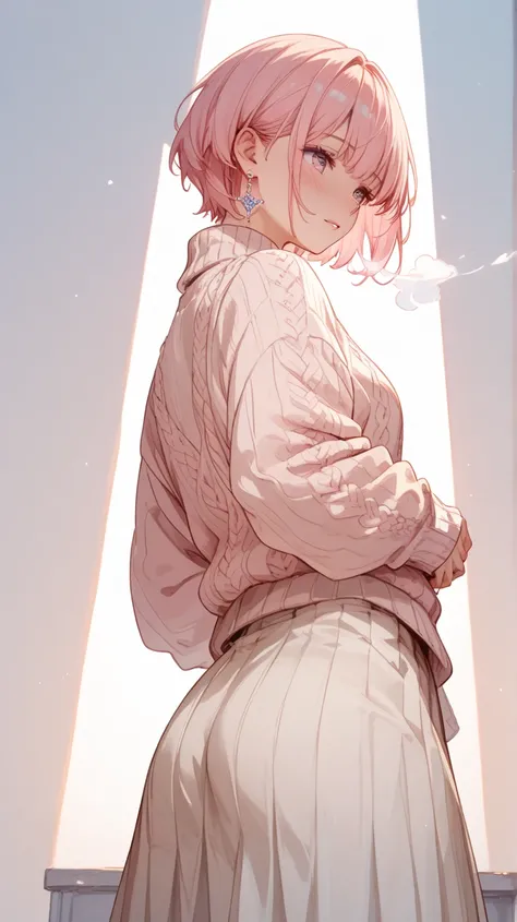  high school girl、 I'm out of breath、Earrings、pale pink short hair、short hair、sweater、medium hip、Butt、long skirt、looking away、 looks embarrassing、from front,backlighting,white pastel background