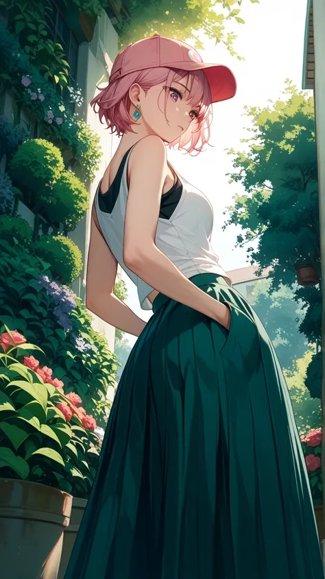  high school girl、Earrings、pale pink short hair、short hair、 tank top、wide hip、Butt、long skirt、looking down、 looks embarrassing、from below:1.5,garden,backlighting,hands in pockets,baseball cap