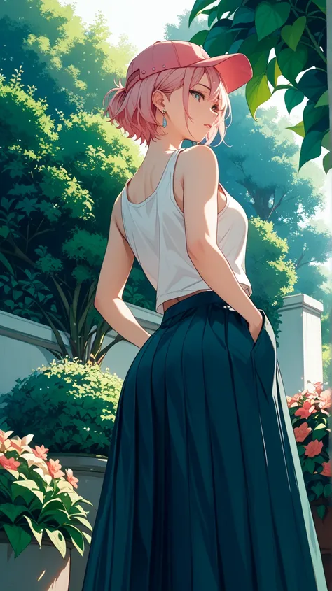  high school girl、Earrings、pale pink short hair、short hair、 tank top、wide hip、Butt、long skirt、looking down、 looks embarrassing、from below:1.5,garden,backlighting,hands in pockets,baseball cap