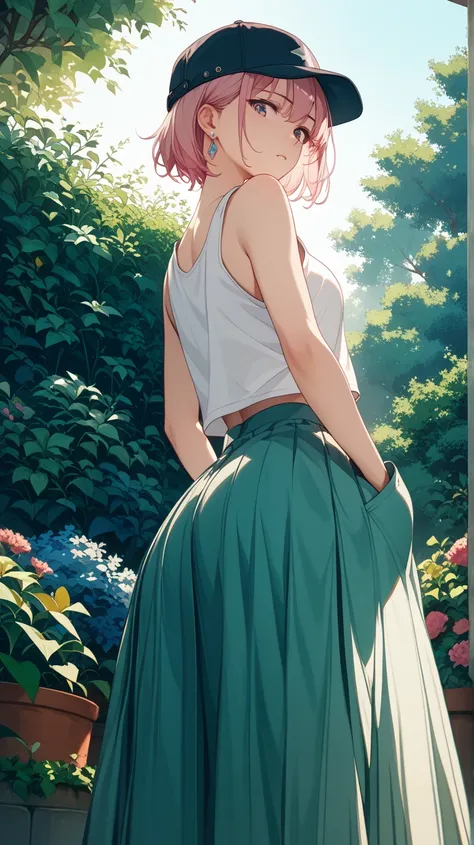  high school girl、Earrings、pale pink short hair、short hair、 tank top、wide hip、Butt、long skirt、looking down、 looks embarrassing、from below:1.5,garden,backlighting,hands in pockets,baseball cap