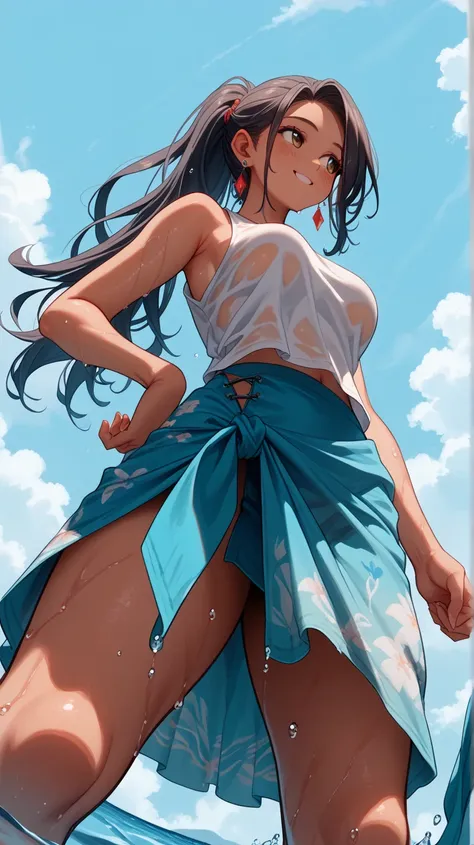 best quality,high-quality illustration, high school girl,Earrings,(sagging breasts:0.3)(medium breasts:0.7), ponytail、 tan,sarong,sexy pose,squatting,bewitching posetank top,Lower Body,Lower Body,(from below:1.5), big ass,wet cloth,(shiny skin:0.4), (wet s...