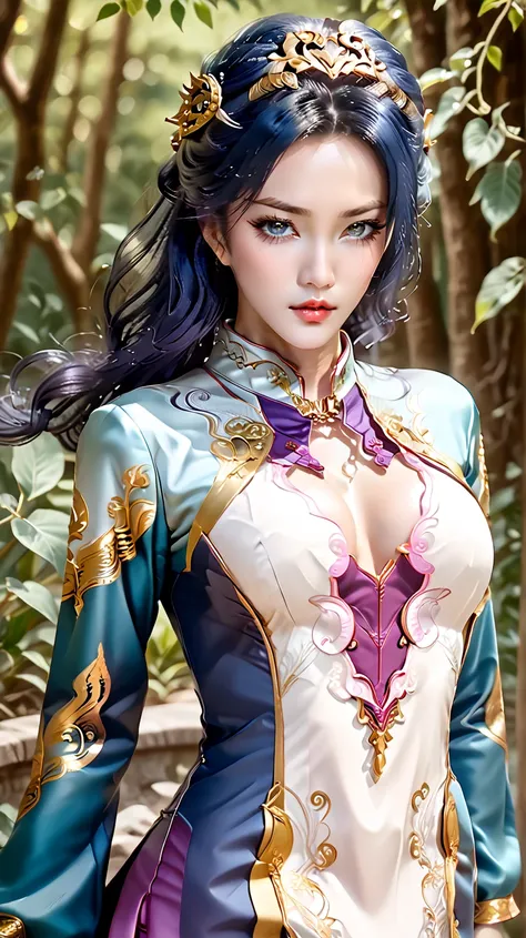 (Man Tang San to woman),  dark blue hair , a beautiful physique , Beauty of Jade and Gelida,  enchanting purple eyes ,  background of a forest with a light blue glow as if a starlight were reflecting from a nearby lake ,  costume dressed in a cheongsam Fem...