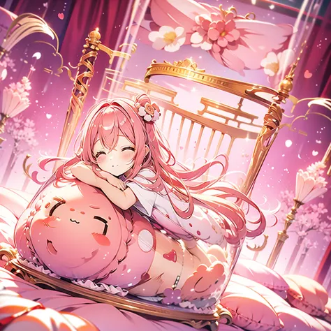  chibi、 Fluffy loungewear、  happy、Heartwarming、 relaxed、  macaron cushion  、 princess bed  、 A cute white and pink room  、 A cute girl with a gradation of white and cherry blossom colored hair is relaxing 、