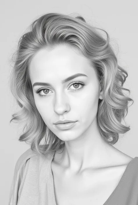 Drawing in black on a gray background 
pencil sketching
beautiful young woman with slightly curly blond hair in stylish take up expressive transparent eyes with long eyelashes
the light shadow is very realistic
drawing details
Professional photo effect
5D