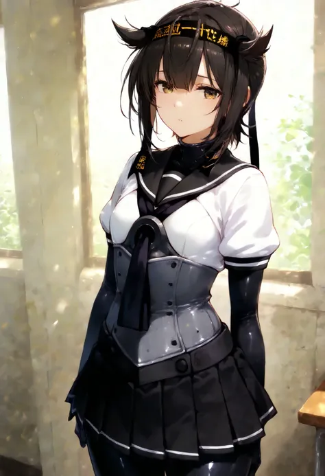 hatsuzukikc, short hair, school uniform, pleated skirt,  serafuku, black skirt, bodysuit, headband, clothes writing, hair flaps, black sailor collar, black bodysuit, hachimaki, black neckerchief, black headband,grey corset,  small tits,  flat chest,