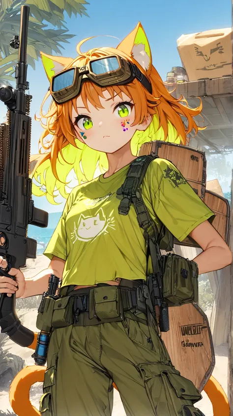 unclear(  top quality、  Masterpiece、  high resolution)、((1 person)), Survival Game,shield ,hide, Sneaking ,wooden container,air gun, Airsoft Guns ,電動air gun, face paint,( Survival Gameをする可愛い女性),summer, daytime,,(Cat anthropomorphism,Cat ears,Cat tail)print...