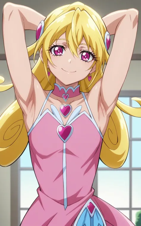 masterpiece, best quality, amazing quality, anime screencap, 1girl, solo, cure heart, pink eyes, blonde hair, long straight hair, bangs, pinl dress, sleeveless, bare shoulders, bare arms, arms behind head, armpits, head towards viewer, looking at viewer, s...