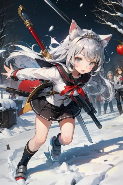  top quality,   Ultra High Resolution,(( cute middle school girl))、( musket )、 bushy body hair,Cat ears、 、Long silver hair, grey eyes、snow white、 tiara 、apple、 battle scene