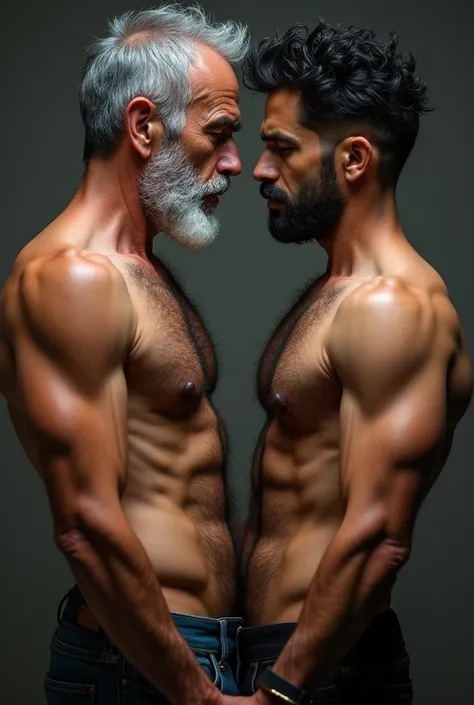 A mature gray-haired man with a 50-year-old gray beard with shirtless blue eyes showing off his lean manly body without muscle and with a lot of gray hair on his chest , He looks provocative and sarcastic at a 25-year-old with a beard and short hair, messy...