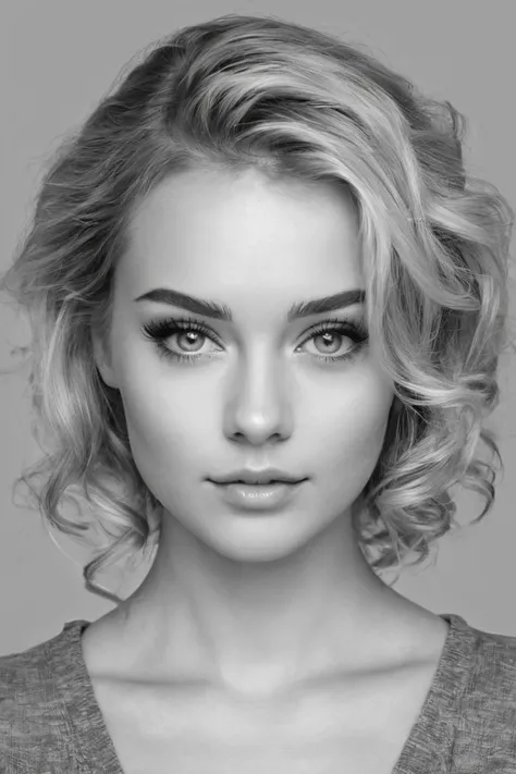 Drawing in black on a gray background 
pencil sketching
beautiful young woman with slightly curly blond hair in stylish take up expressive transparent eyes with long eyelashes
the light shadow is very realistic
drawing details
Professional photo effect
5D