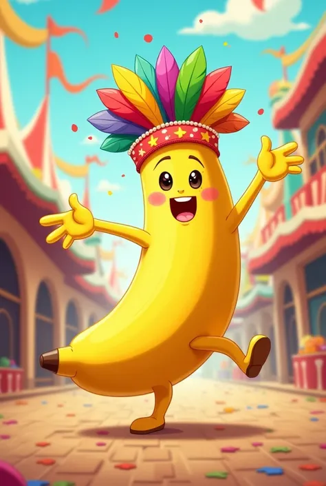 Create a cute banana celebrating carnival in cartoon style