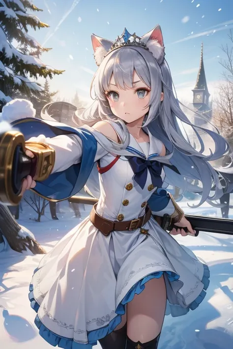  top quality,   Ultra High Resolution,(( cute middle school girl))、( musket )、 bushy body hair,Cat ears、 、Long silver hair, grey eyes、snow white、 tiara 、apple、 battle scene