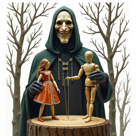   masked superheroes from Prussia 1899 ,     create images of futuristic armor for me , Non-robotic male version    ,  with a white background ,  the evil witch with a big smile manipulating two wooden dolls, a princess and a prince, with a tree trunk as a...