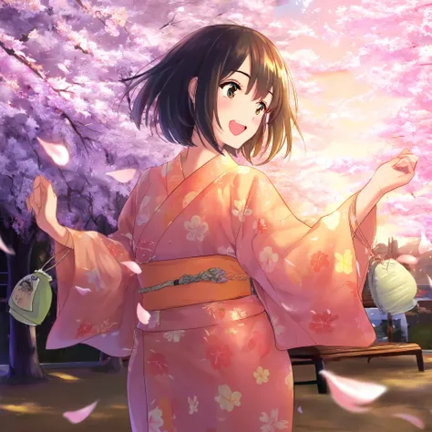 Cherry blossom petals dancing all over the sky, Detailed yukata pattern ,  yellow flowers and orange flowers are drawn on the yukata fabric 、orange belt 、dark-haired girl with bob hair、 I'm sitting on a park bench、 has warm green tea 、 is laughing happily、...