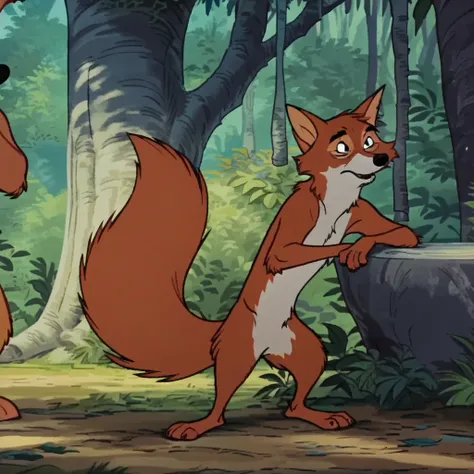 RobinhoodRH, semi-anthro, male, fox, orange fur, naked, nude, standing, in a forest, black eyes, screencap